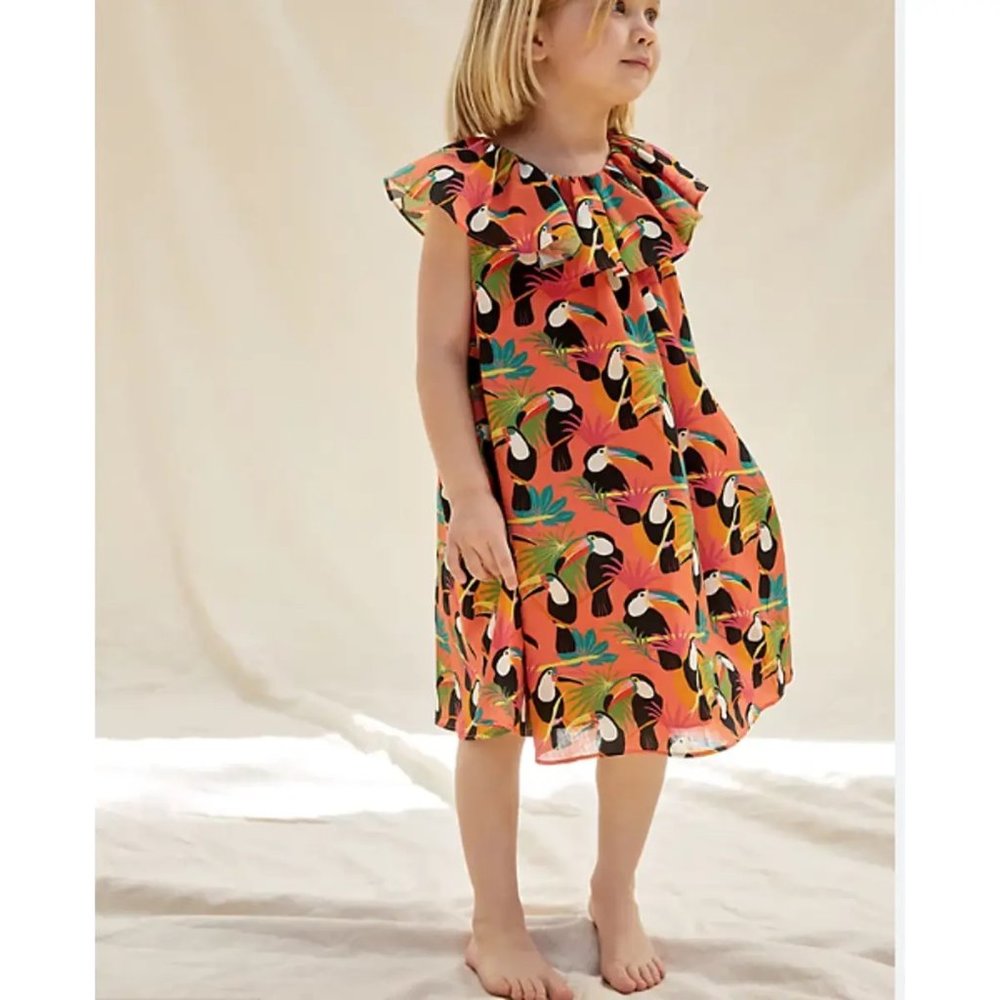 Farm Rio for Anthropologie girls Coral Toucan print dress size 5/6